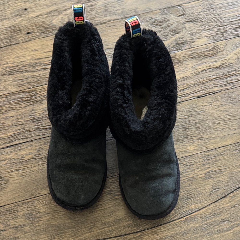 UGG Black Fur-Lined Boots with Colorful Logo